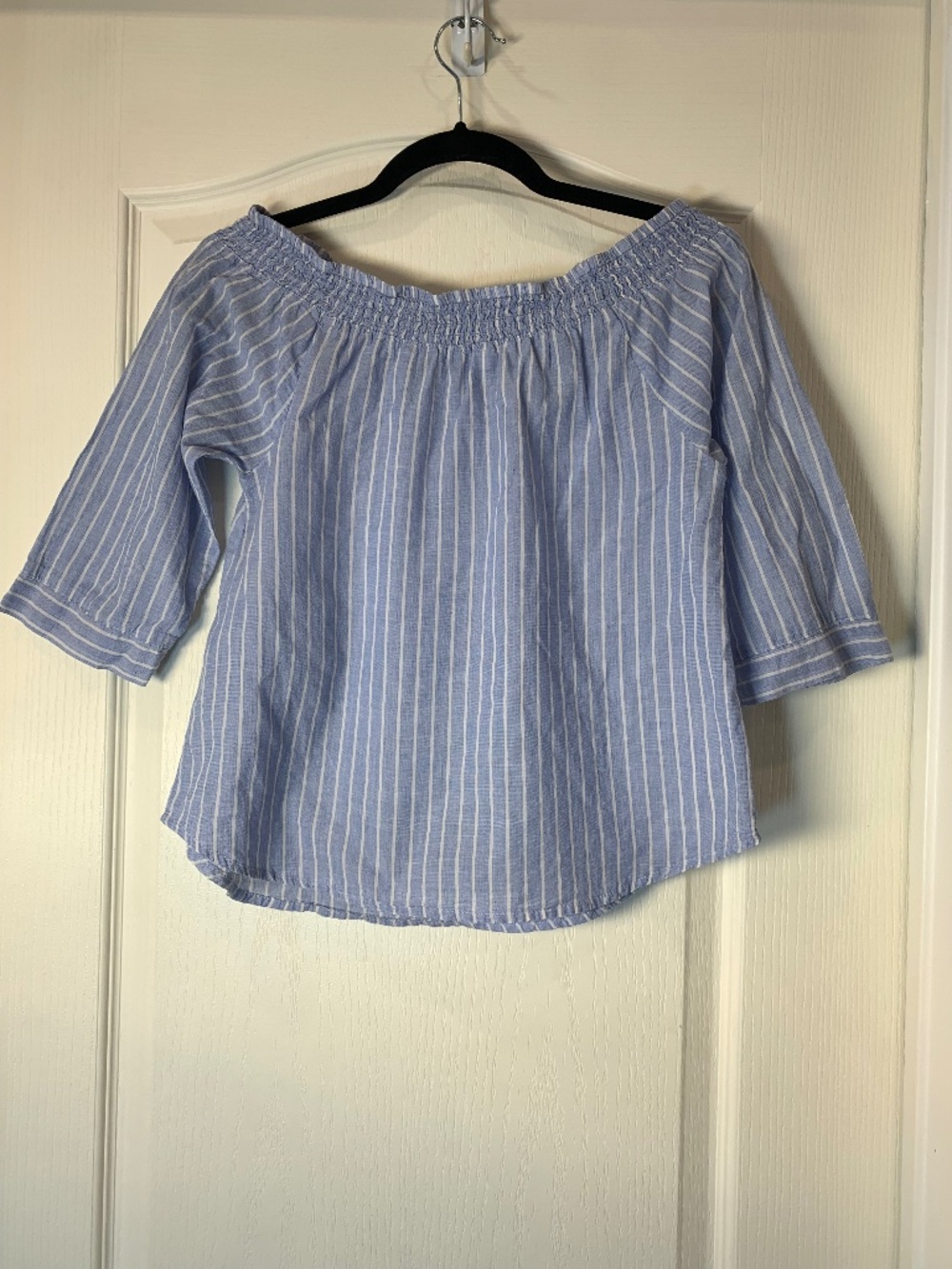 ONLY Off-Shoulder Peasant Blouse Blue White Striped Lightweight 3/4 Sleeve EU 36